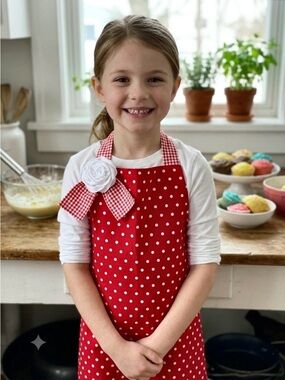2093 - Kids Polka Dot Red Kitchen Apron with Gingham Bow
